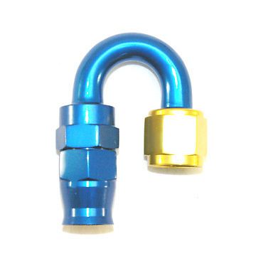 An fitting to stainless steel line adaptor, -12an 180 degree, gold/blue
