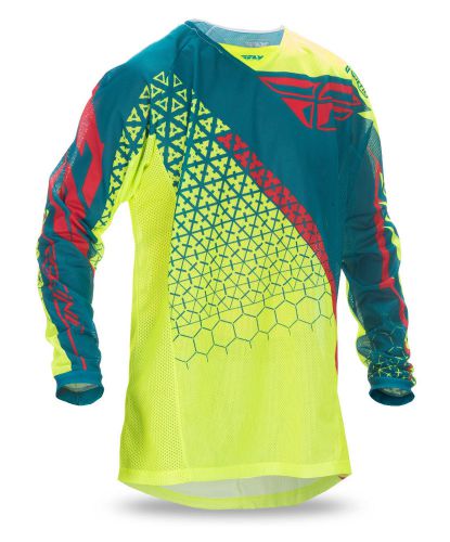 Fly racing hi-vis yellow/teal mens youth kinetic mesh trifecta dirt bike jersey