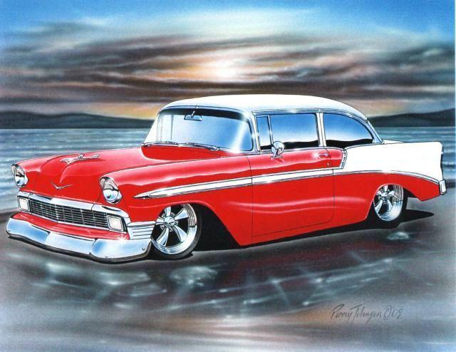 1956 chevy bel air 2 door sedan car art print red & white