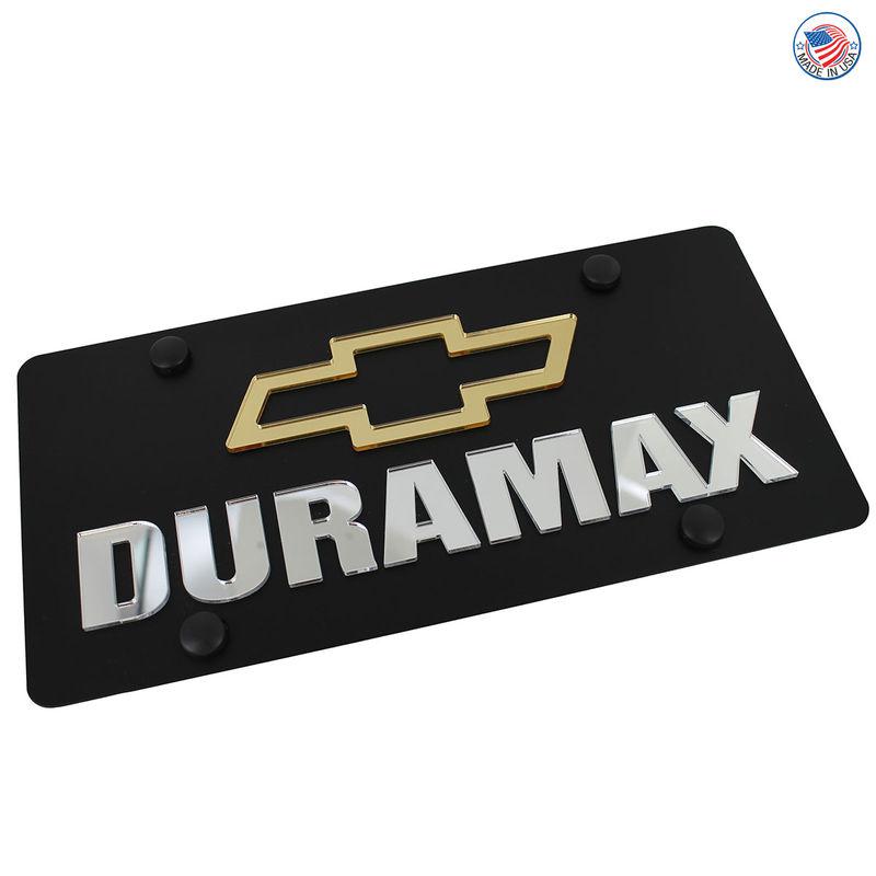 Chevy gold bowtie + duramax name on carbon black stainless steel license plate