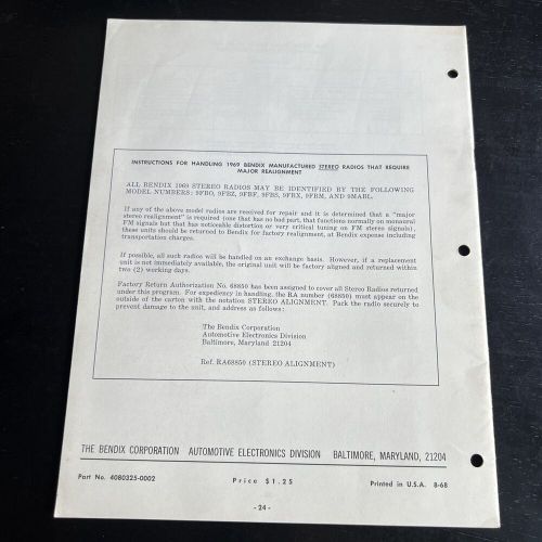 1969 ford galaxie am/fm stereo used bendix auto radio service manual (24 pages)