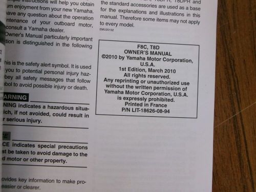 Oem yamaha owners manual, f8c t8d, year 2010, pn lit-18626-08-9460r-f8199-18