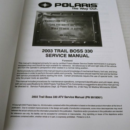 Polaris 2003 trail boss service technical repair manual genuine oem 9918061