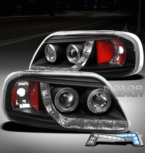 1997-2003 f150/1997-2002 expedition halo led black projector head light+blue drl