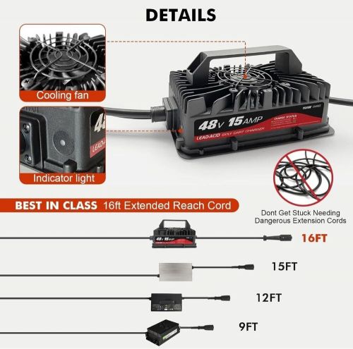 15 amp 48 volt golf cart smart battery charger for yamaha g29 carts 3-pin plug