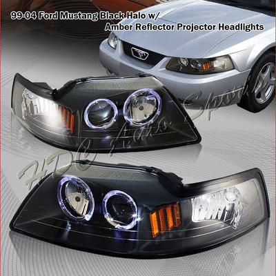 1999-2004 ford mustang black housing dual halo projector head light lamps