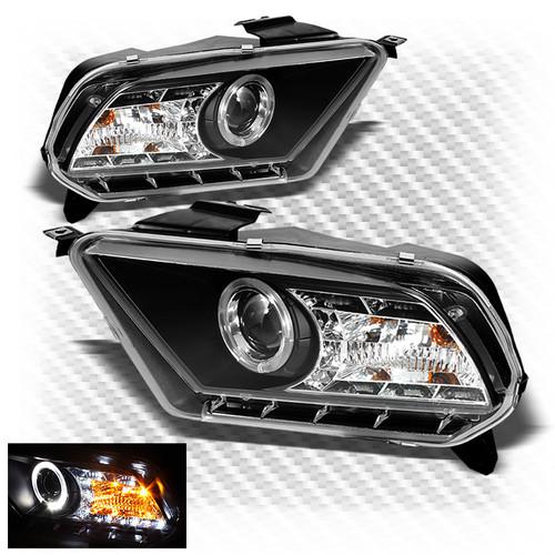 10-13 mustang black halo projector headlights w/daytime running lights built-in