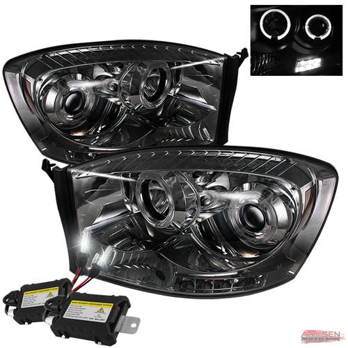 6k slim ballast xenon hid+06-08 dodge ram smoked halo led projector headlights