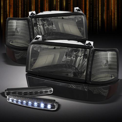 92-96 ford f150 f250 f350 crystal smoked headlights lamps+drl led running lamps