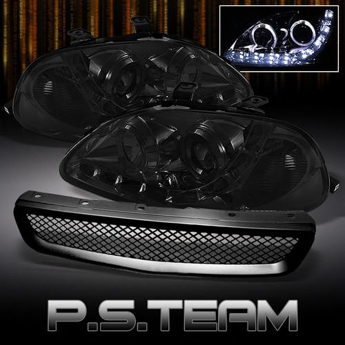 Smoked 96-98 civic halo projector drl led headlights +jdm sport mesh grille