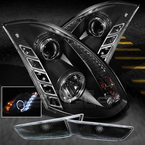 03-06 g35 2dr black halo projector drl led headlights+black side marker signal