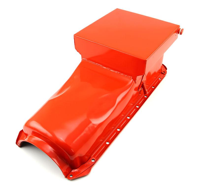 Blem bbc chevy 1965 1995 v8  kick out sump drag pan orange 6qt. 