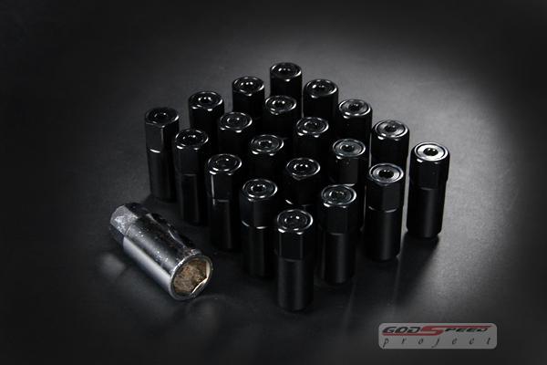 Gsp t-5 black wheel rim racing lug nuts 50mm 20 piece m12 x 1.5 open/close end