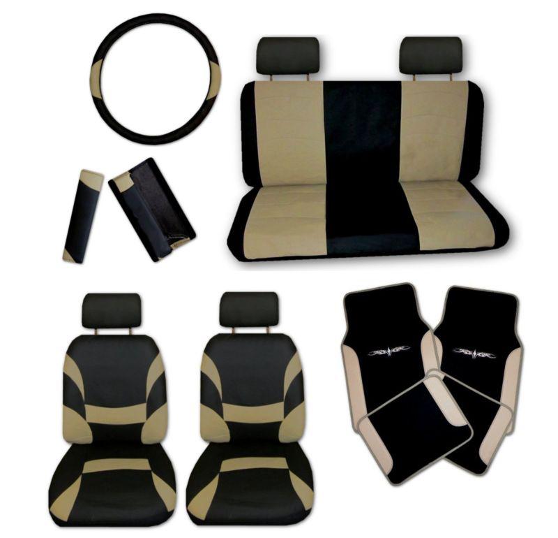 Xtreme faux leather tan black car seat covers set and tan tattoo floor mats #e