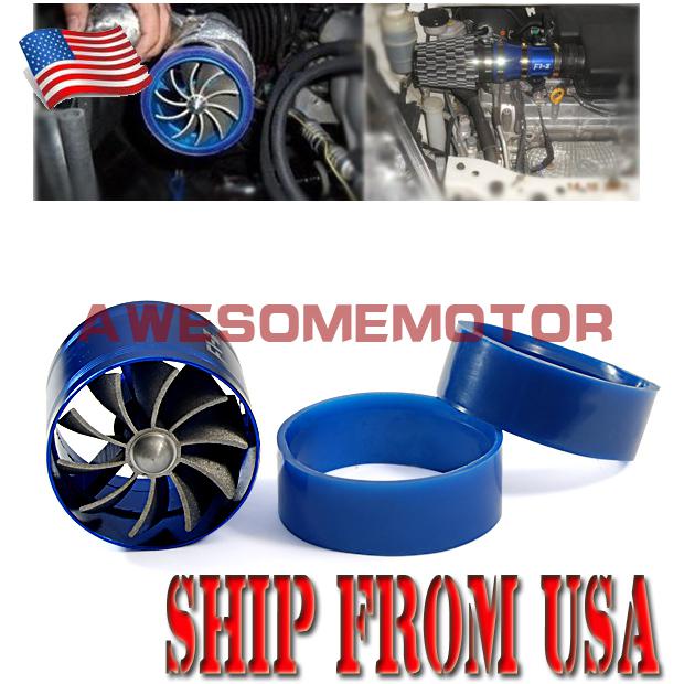 Us blue single turbo turbine charger air intake fuel gas saver fan aluminum new