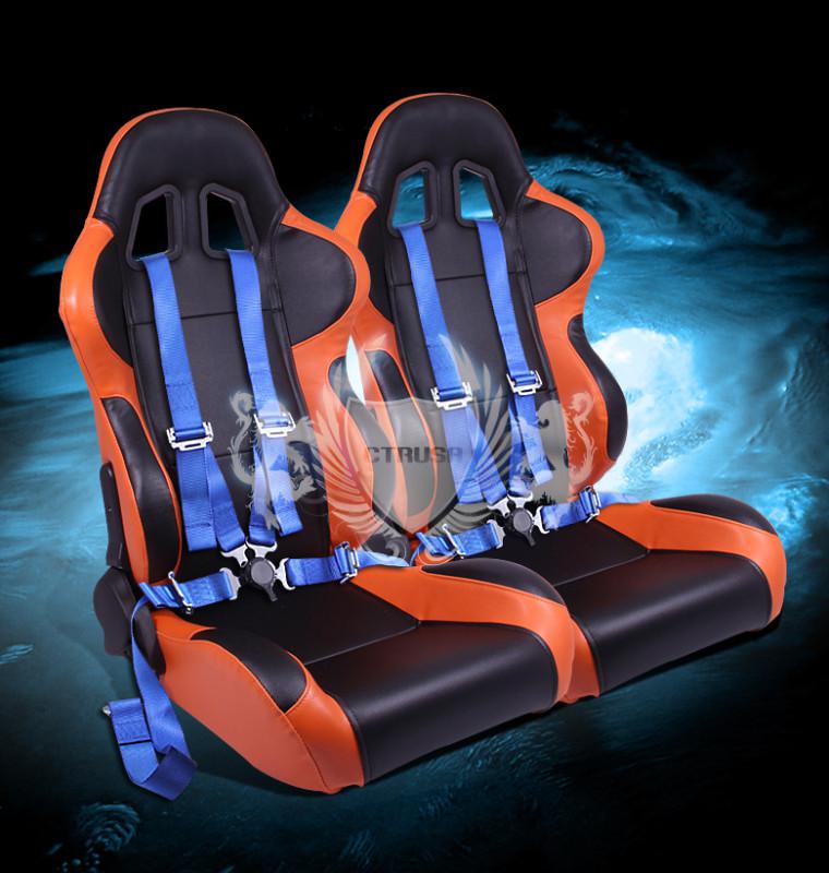 2x universal black/orange turino racing seat+4-pt blue camlock harness seat belt