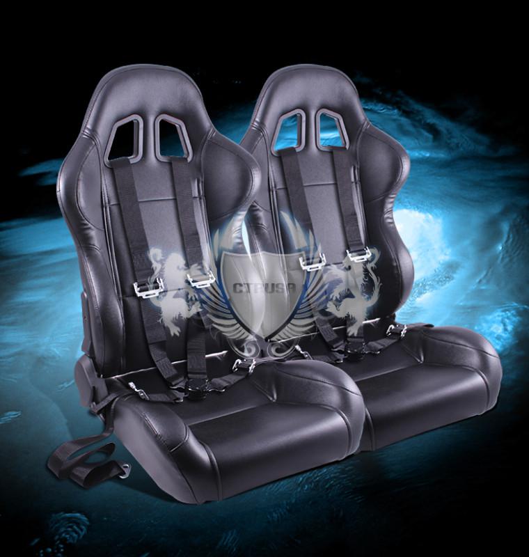 2x jdm f1 black jdm turino sport racing bucket seats w/sliders+4-pt camlock belt