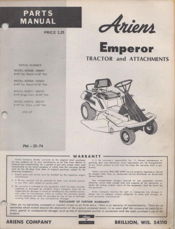  ariens emperor tractor & attachments parts manual p/n pm-25-74 (039)