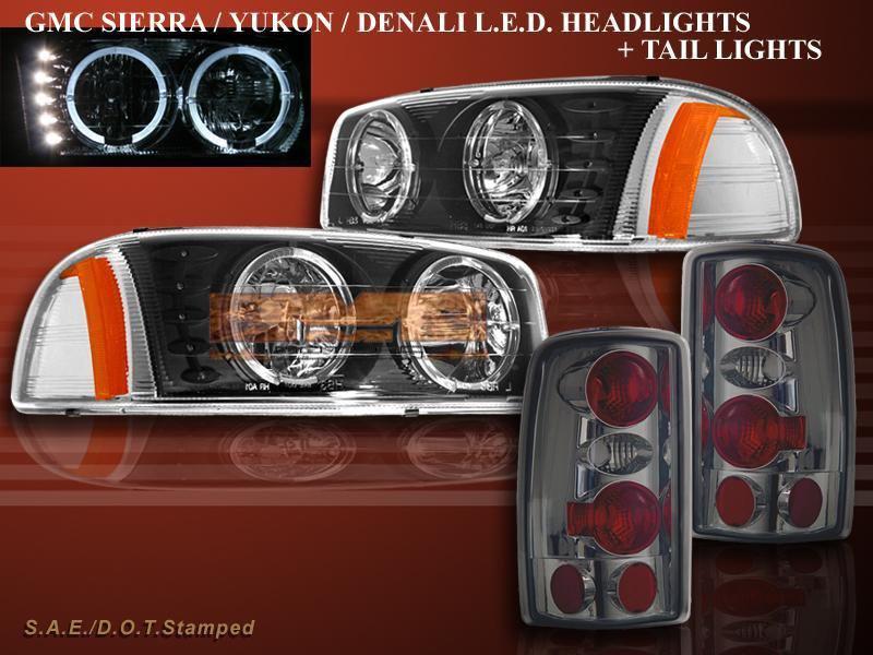 00-06 gmc yukon / yukon denali black led halo headlights w/ smoke tail lights