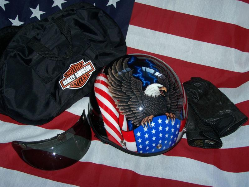 Agv eagle flag thunder half helmet w/ harley davidson bag & gloves size medium 