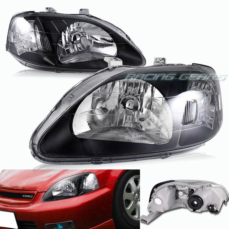 99-00 honda civic jdm black housing clear lens clear reflector headlight lamps