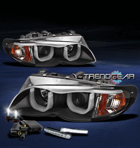 02-05 bmw e46 3-series 4dr black projector head lights lamp+3d drl led+6000k hid