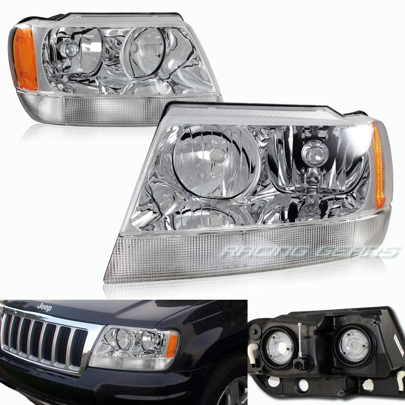 99-04 jeep grand cherokee chrome housing clear lens amber reflector headlights