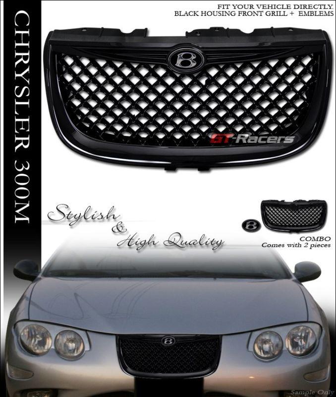 Black mesh front hood bumper grill grille+b emblem badge 1999-2004 chrysler 300m