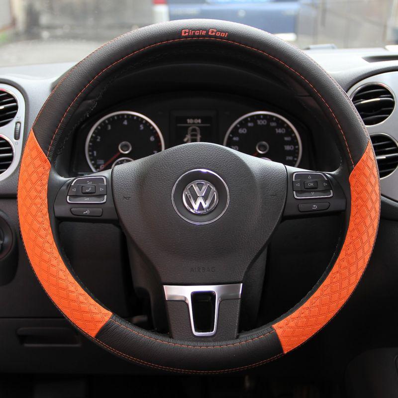 Black & orange pvc leather steering wheel cover audi bmw luxury 38cm non-slip