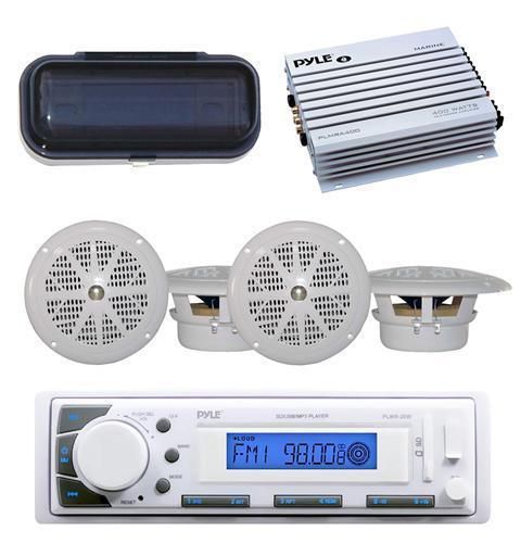 New marine boat mp3/usb/sd/aux ipod input radio &amp; 400w amp w/4 speakers + cover