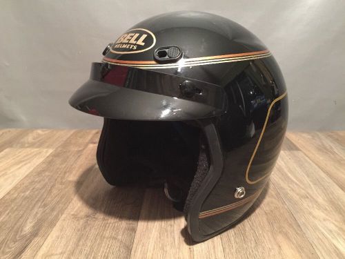 Vintage bell open face motorcycle helmet size 7 1/4 black with gold &amp; visor exc