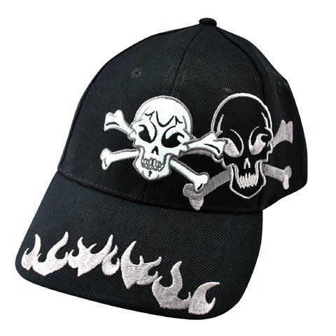 Zan headgear 3-d embroidered black cap, crossbones flame detail cpa136