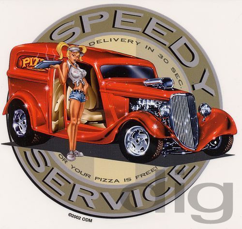 Hot pizza delivery girl in 1930&#039;s panel wagon hot rod sticker/decal