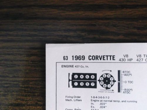 1969 chevrolet corvette eight series models 430hp 427 ci v8 tune up chart