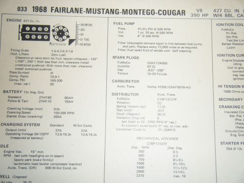 1968 ford mustang fairlane 427 cu in 390 hp 4 bbl hi perf sun tune up spec sheet