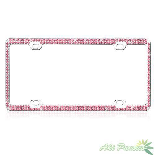 Pink 2-row bling crystal chrome metal car license plate frame
