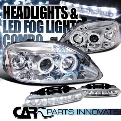 99-00 civic chrome halo led projector headlights+6-led drl fog bumper lamps