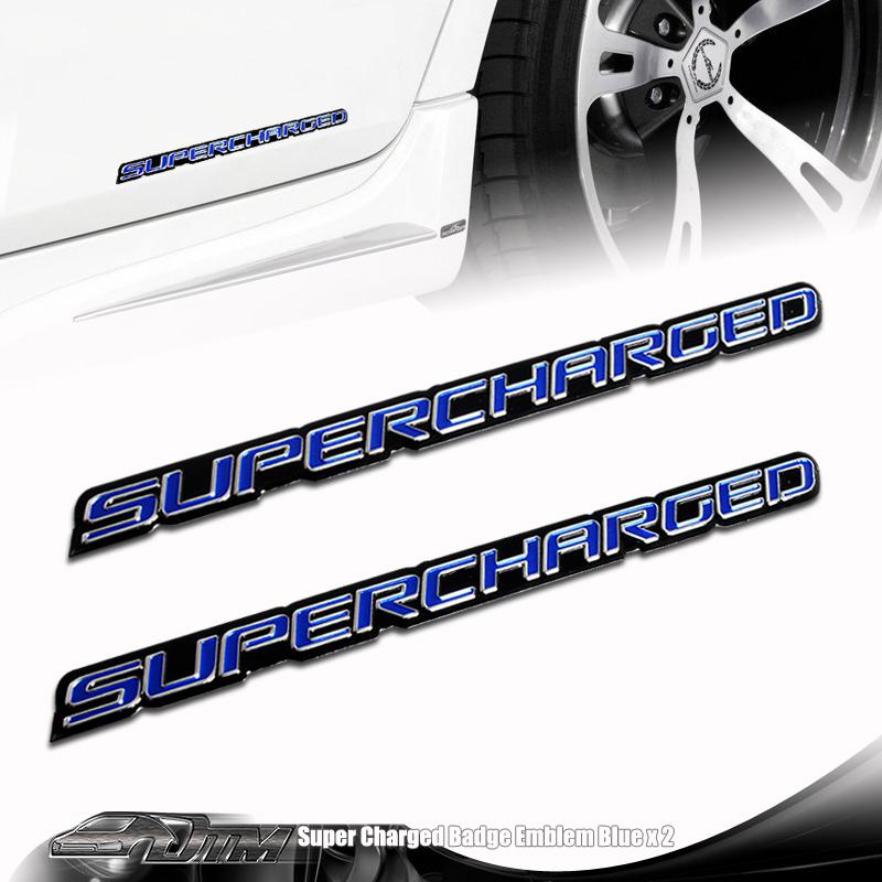 2x universal blue supercharged aluminum adhesive emblem / badge / sticker