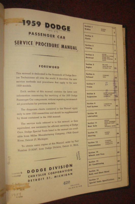 1959 dodge shop manual original supplement to the 1958 book