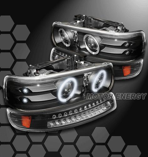 1999-2006 silverado tahoe suburban halo led projector headlight+bumper+hid black