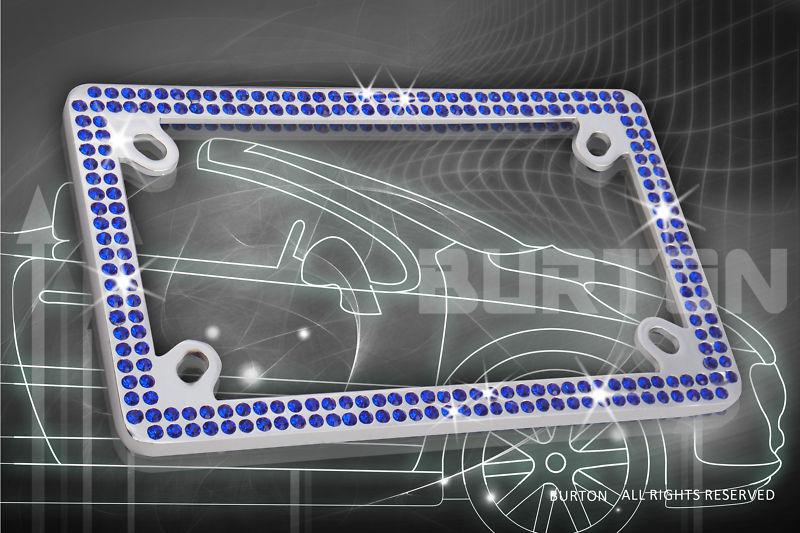 Double row motorcycle blue real crystal embedded chrome license plate frame 