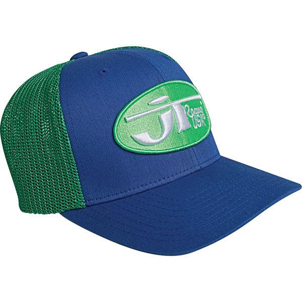 Blue/green l/xl jt racing jt oval trucker flexfit hat