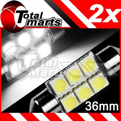 2x white 36mm 6-smd led festoon car light bulbs dome map de3175 ac329