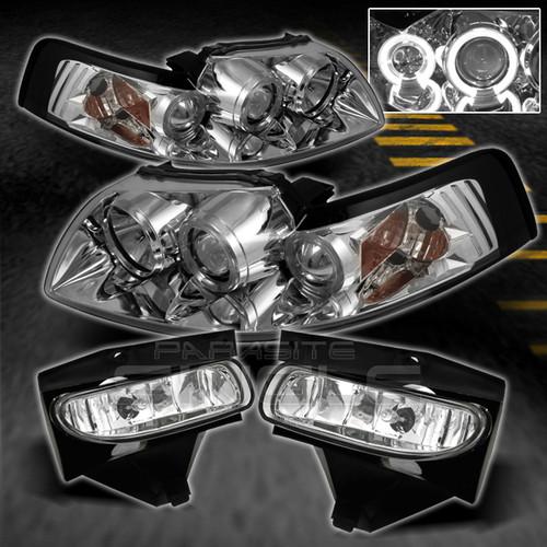 99-04 mustang dual halo projector headlights +clear bumper fog lights lamps