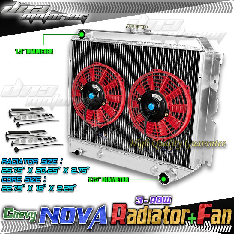 Tri core full aluminum radiator+2 x 9" red fans 62-67 chevrolet chevy ii/nova