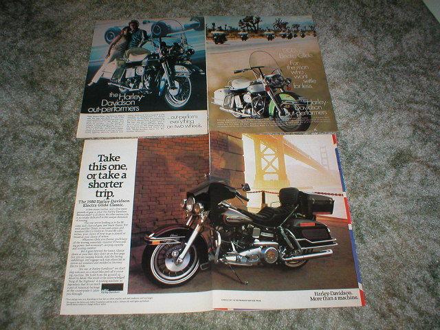 1969 1970 1980 harley - davidson electra glide motorcycle ads ( lot of 3 )