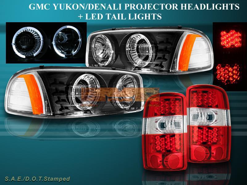 2000-06 yukon halo projector headlights blk /red led tail lights yukon denali xl