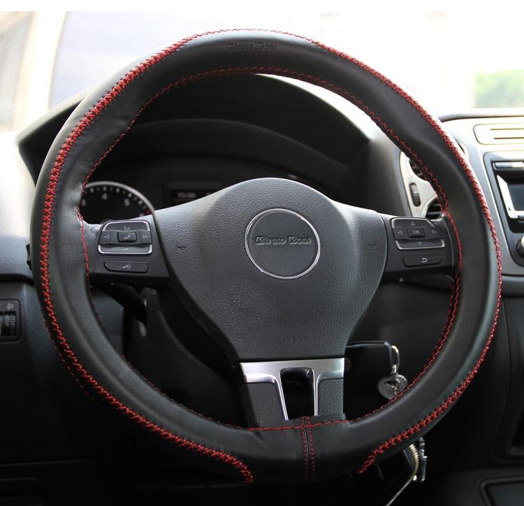 Black leather steering wheel red stitch wrap cover needle thread diy acura audi