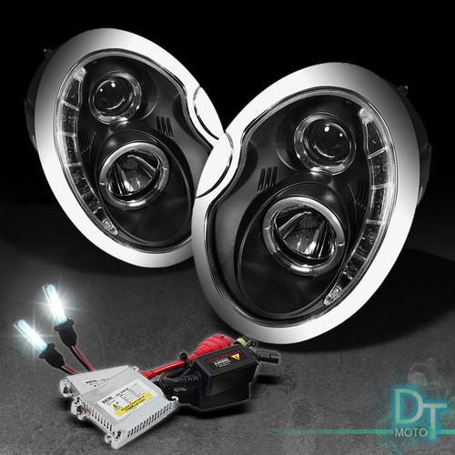 6000k slim xenon hid kit + black 02-06 mini cooper halo drl projector headlights