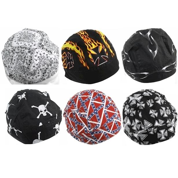 Motorcycle biker skull cap hat, 6pc set assorted cotton skull caps, do rags. 